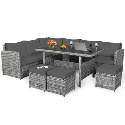 7-Piece Resin Wicker Outdoor Sectional Set  Rattan Sofa Group with Dining Table, Ottomans, and Weather-Resistant Cushions