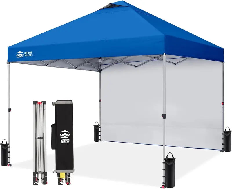 CROWN SHADES 10′ x 10′ Pop-Up Canopy with Single Sidewall: Portable Event Shelter for Parties, Campgrounds, and Outdoor Markets — Includes STO-N-Go Carry Bag