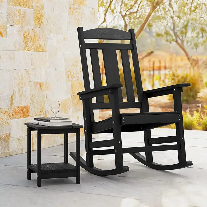 Heavy-Duty Outdoor Rocking Chair  350 lb Capacity, High-Back Poly Plastic Rocker, Smooth Rocking Motion, Indoor/Outdoor Use, Black Single Chair