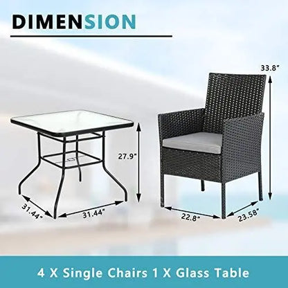 5-Piece Black Wicker Patio Dining Set  Rattan Table, 4 Chairs & Tempered Glass Top