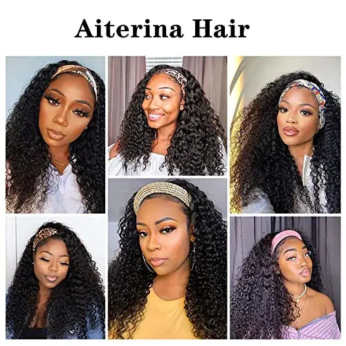 Aiterina 12″ Deep Wave Curly Human Hair Headband Wig  Glueless, Machine-Made, Natural Color