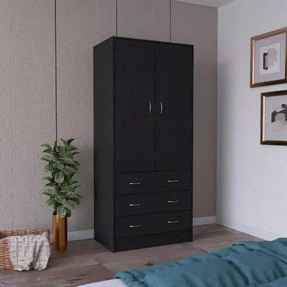 Modern Double-Door Armoire  19-Inch Wide Wardrobe Cabinet with Hanging Rod and Three Drawers