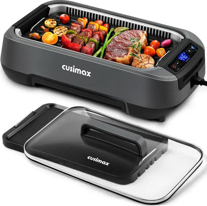 CUSIMAX 1500W Korean BBQ Grill: LED Smart Display, Tempered Glass Lid, Non-Stick Removable Grill Plate, and Efficient Smoke Extraction System