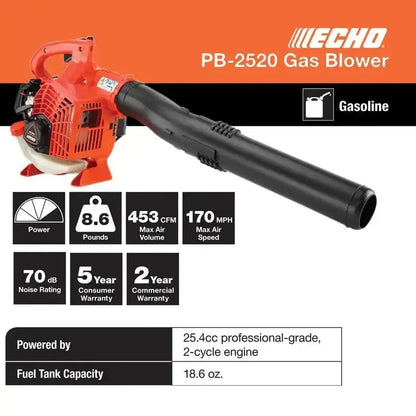 ECHO 170 MPH Gas Leaf Blower  453 CFM, 25.4cc 2-Stroke Handheld Model
