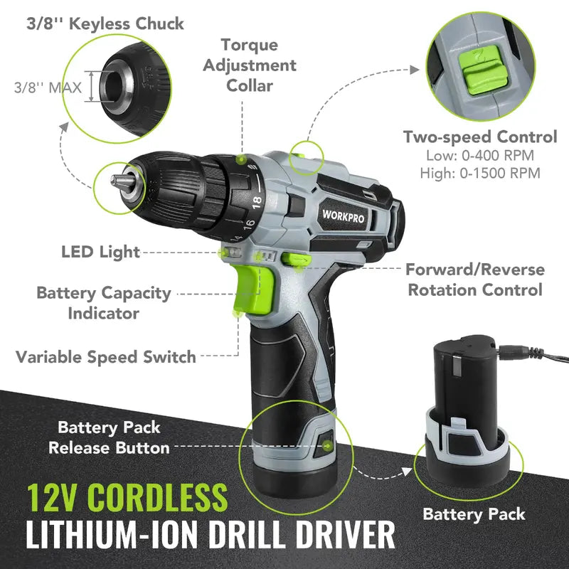 WORKPRO 108-Piece Portable Tool Set  Includes Cordless Power Drill & Pink Ribbon Accessories