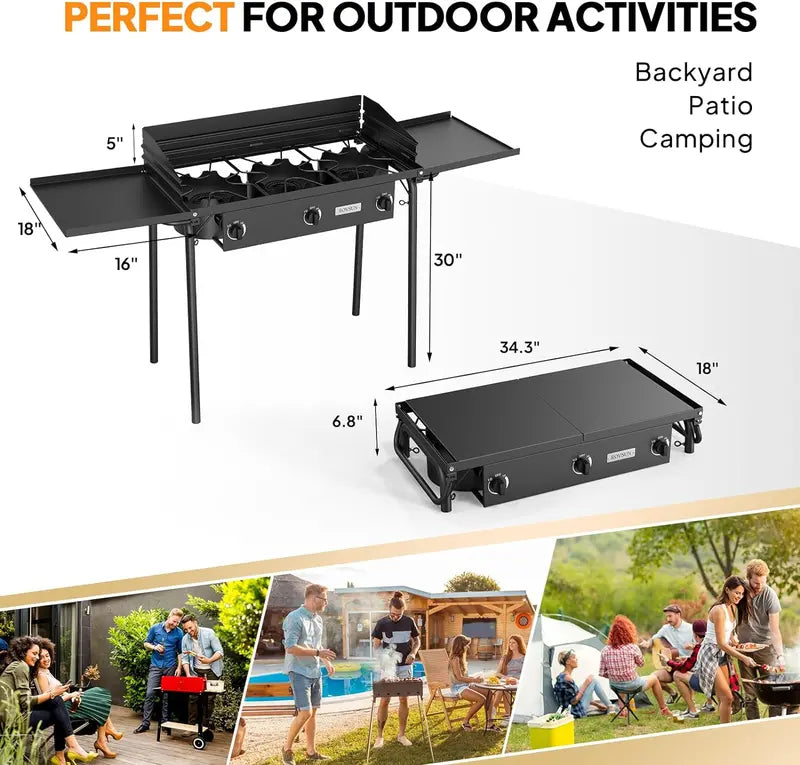 ROVSUN Portable 3-Burner Propane Stove  Compact Cooking Station with Dual Side Shelves