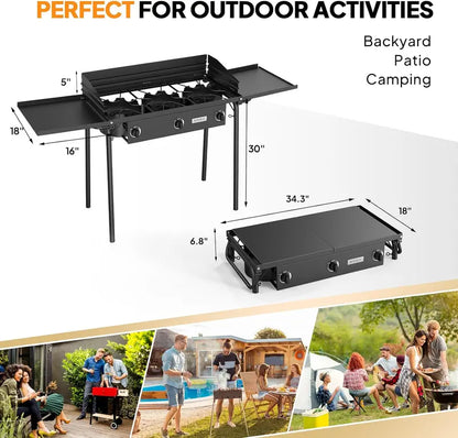 ROVSUN Portable 3-Burner Propane Stove  Compact Cooking Station with Dual Side Shelves
