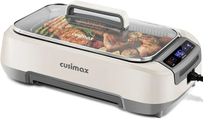 CUSIMAX 1500W Korean BBQ Grill: LED Smart Display, Tempered Glass Lid, Non-Stick Removable Grill Plate, and Efficient Smoke Extraction System