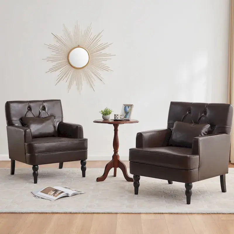 Set of 2 Button-Tufted Accent Chairs  Upholstered Armchairs with Lumbar Support Pillows in Beige, Grey, or Light Blue