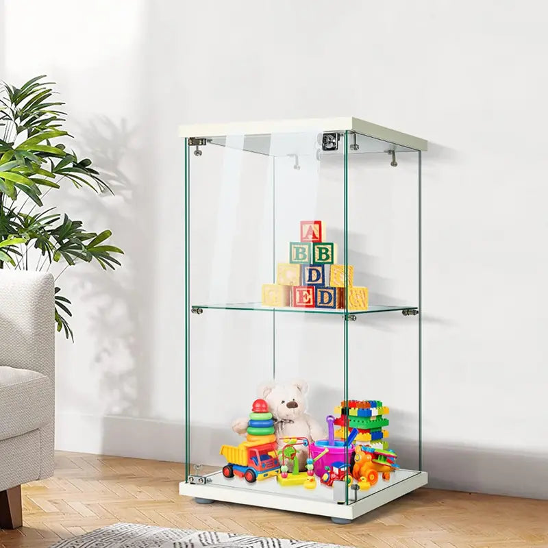 Countertop Glass Display Cabinet  4-Tier Tempered-Glass Showcase with Locking Door & MDF Base