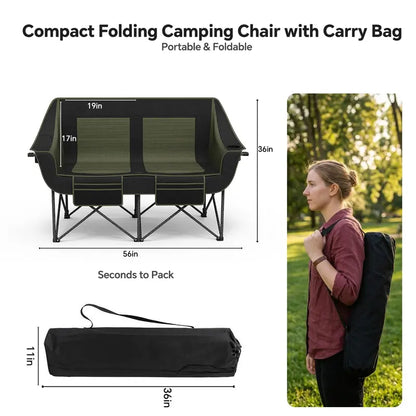 Heavy-Duty Dual-Seat Camping Loveseat  660 lb Capacity, Cup Holders & Carry Bag
