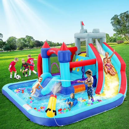 8-in-1 Inflatable Water Park for Kids: Bounce House, Slide, Climbing Wall, Splash Pool, Dual Water Cannons, Basketball Hoop & Crocodile Sprinkler  Includes 450W Blower