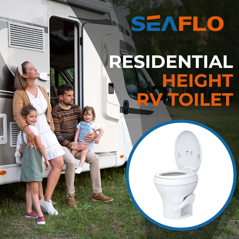 RV Toilet by [Brand]  Standard Height, Gravity Flush, Foot Pedal, Soft Close Lid, Sprayer Attachment, White