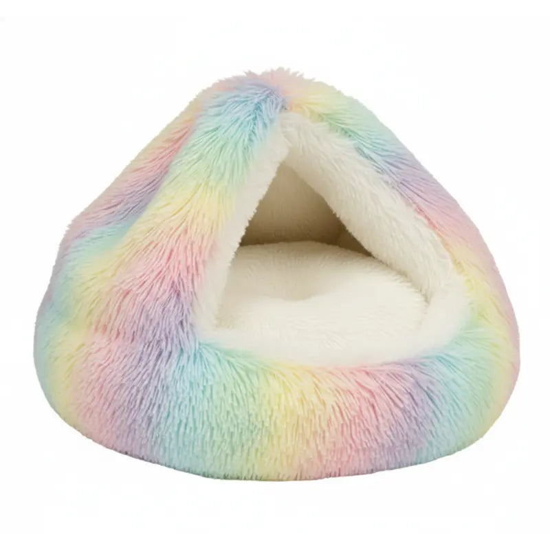 Cozy Hooded Round Pet Bed with Plush Faux Fur Cover for Cats and Small Dogs