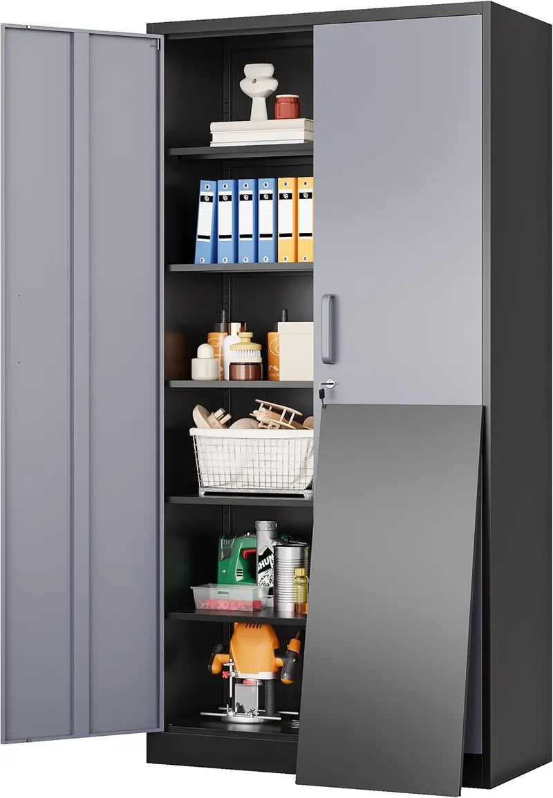 Heavy-Duty Lockable Metal Storage Cabinet  71-Inch Black Steel Unit with Six Shelves for Garage, Office, or Workshop Use