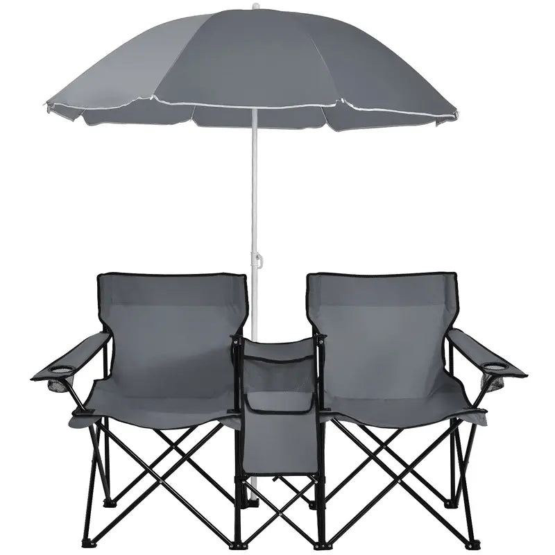 Dual-Folding Picnic Chair Set with Built-in Umbrella, Mini Table & Carry Bag
