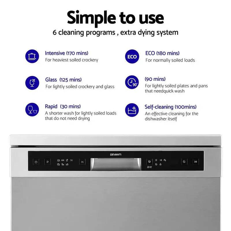 Devanti Freestanding Dishwasher  60cm Wide, 14-Place Setting Silver Unit