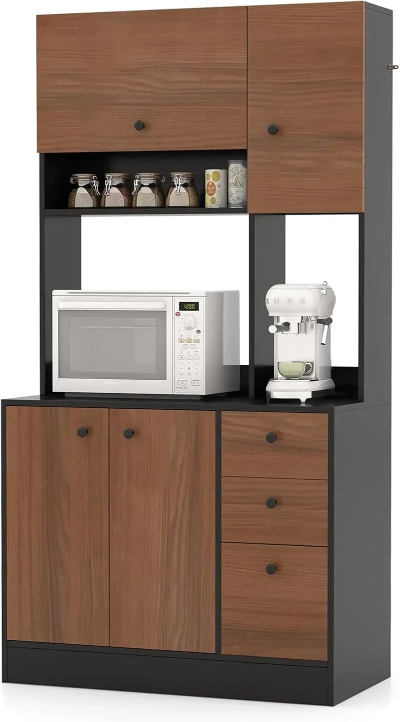71-Inch Walnut Kitchen Pantry Hutch with Microwave Stand, Adjustable Shelving, 3 Drawers, and Spacious Countertop for Dining or Living Areas
