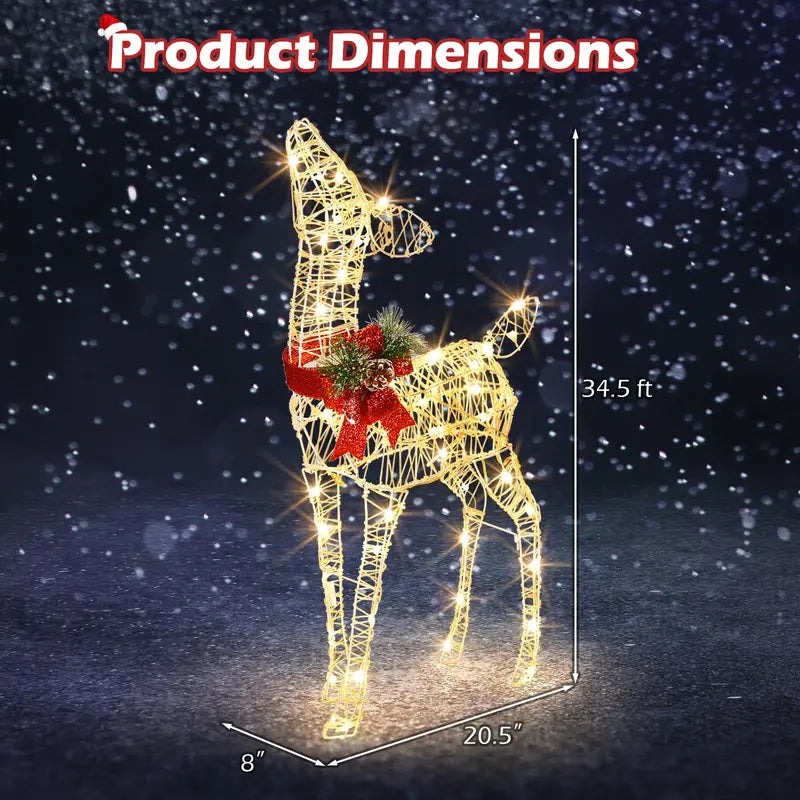 Pre-Lit Baby Reindeer Decoration  Lighted Holiday Figurine with 50 Warm White LEDs & Festive Red Bow