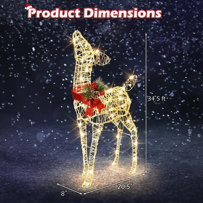 Pre-Lit Baby Reindeer Decoration  Lighted Holiday Figurine with 50 Warm White LEDs & Festive Red Bow