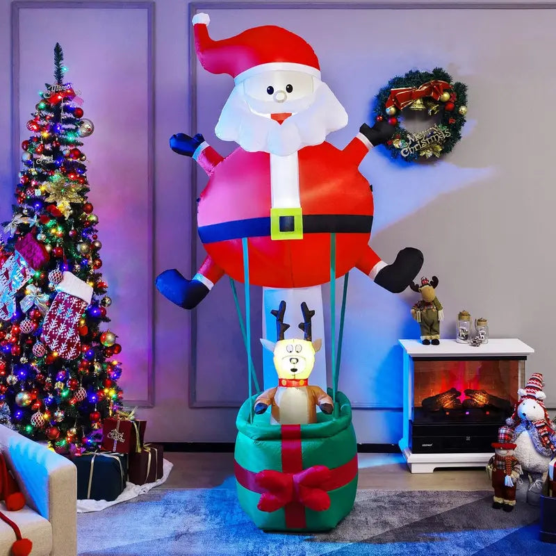 Tangkula 8FT Inflatable Christmas Santa Claus with Hot Air Balloon & Reindeer, LED Lights, Self-Inflating Outdoor Decor
