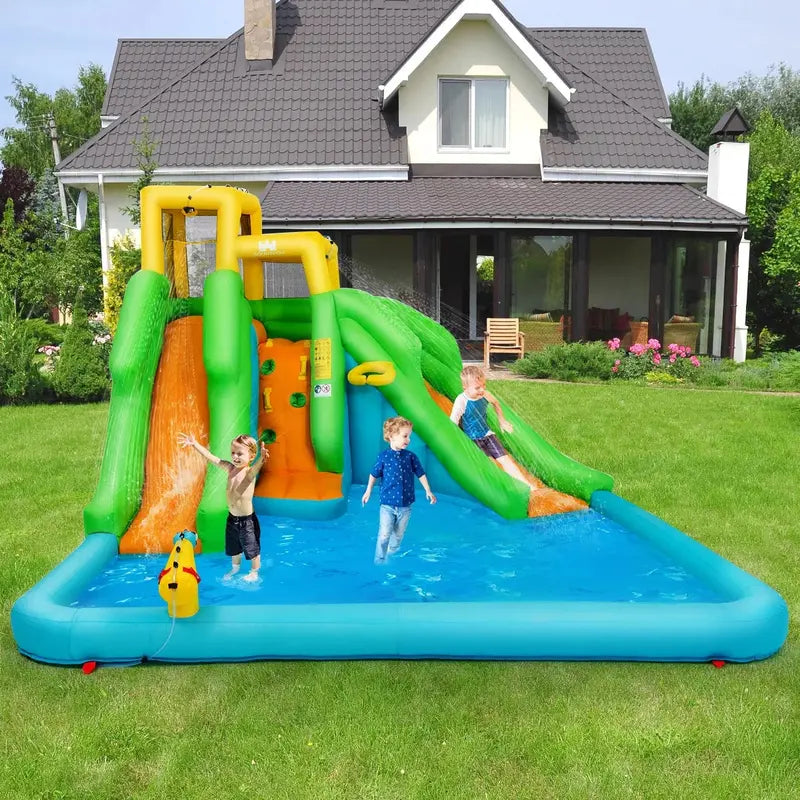 Multi-Function Inflatable Water Park  Climbing Wall, Dual Slides, and Splash Pool for Active Outdoor Play