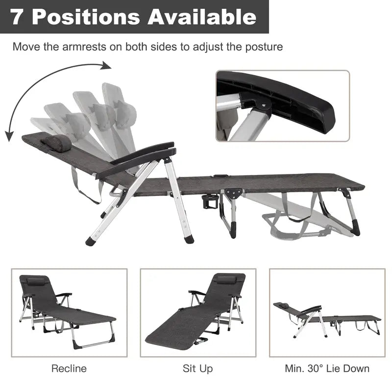 Adjustable Folding Chaise Lounge Chair for Outdoor Use  Includes Cup Holder and Removable Headrest