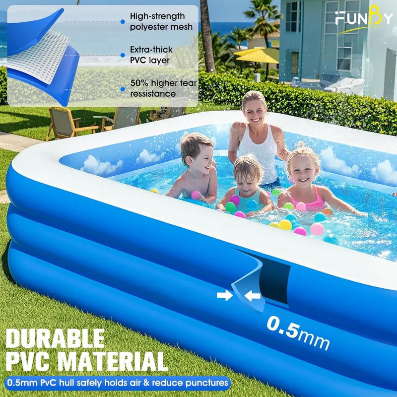 Ocean-Themed Inflatable Family Pool with Canopy  Extra-Large 105″ x 75″ x 25″, Thickened Vinyl for Kids & Adults, Backyard Swimming Pool
