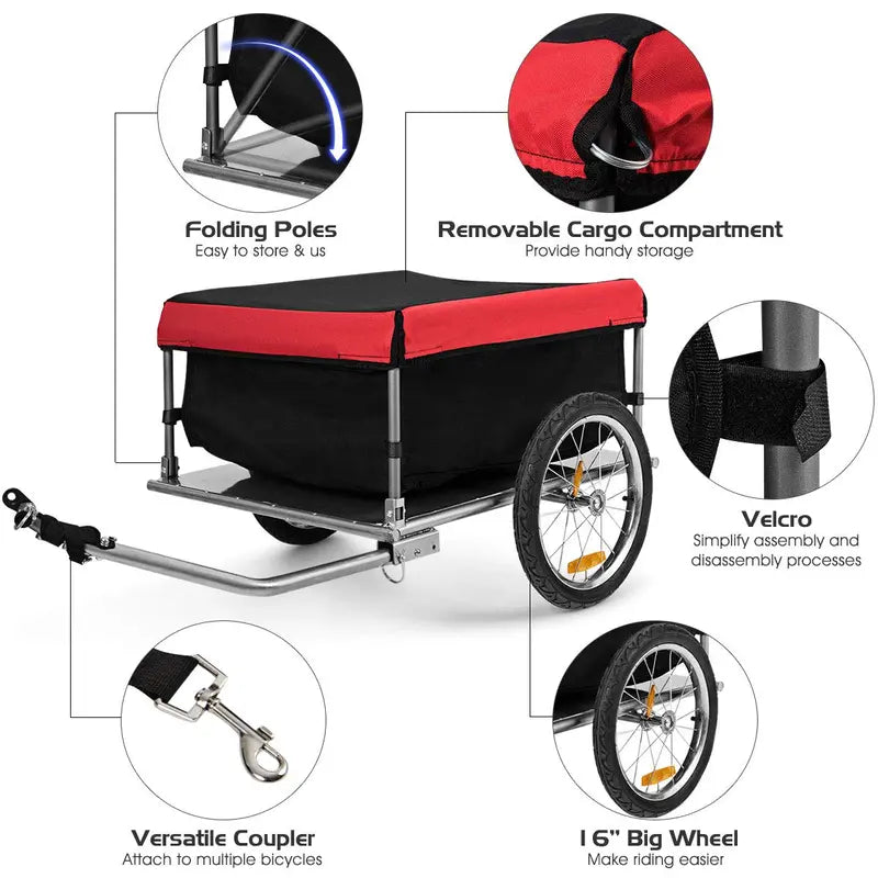 Foldable Bicycle Cargo Trailer with Quick-Release Frame and 16-Inch All-Terrain Wheels
