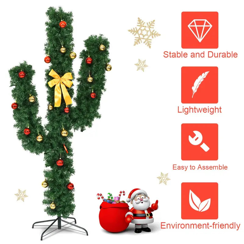 Artificial Cactus-Themed Christmas Tree with Integrated LED Lights and Decorative Ball Ornaments
