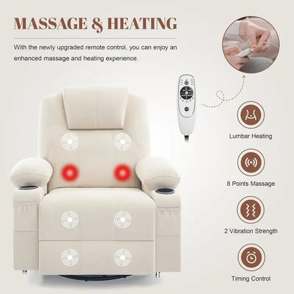 Large Swivel Rocking Recliner Sofa  Single-Seat Heated & Massaging Lounge Chair