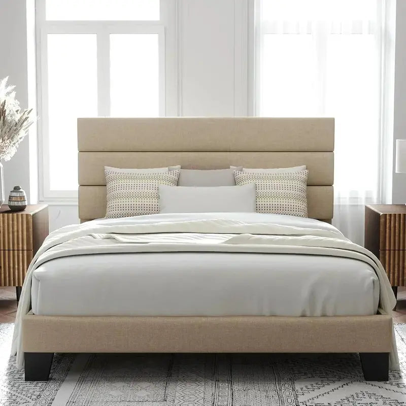 Allewie King Platform Bed Frame  Velvet-Upholstered Headboard with Solid Wood Slats