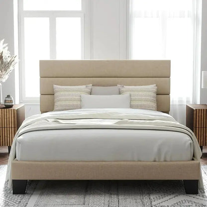 Allewie King Platform Bed Frame  Velvet-Upholstered Headboard with Solid Wood Slats