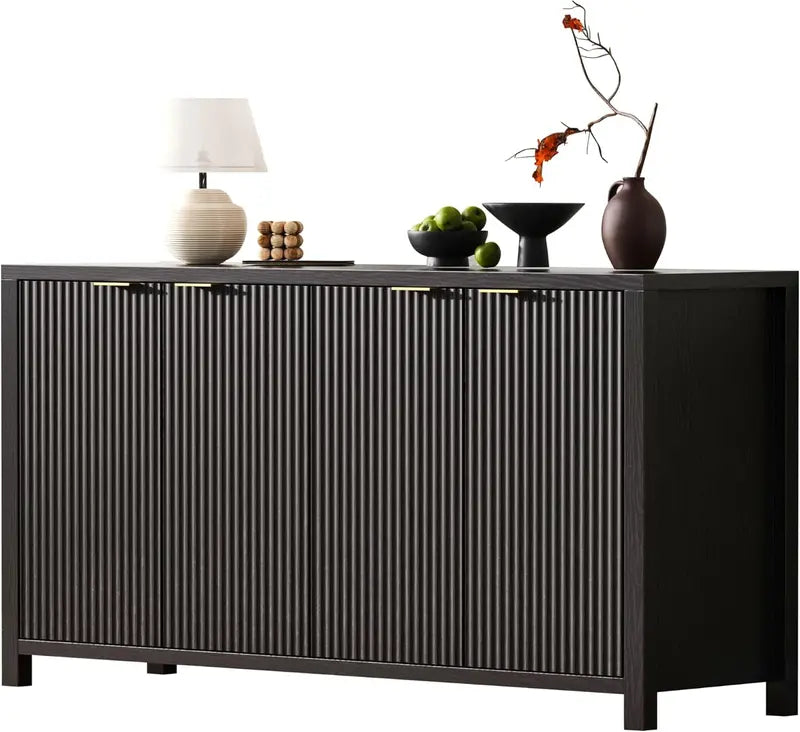 55-Inch Fluted Black Sideboard  Contemporary 4-Door Storage Cabinet with 2 Adjustable Shelves & 5 Legs
