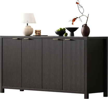 55-Inch Fluted Black Sideboard  Contemporary 4-Door Storage Cabinet with 2 Adjustable Shelves & 5 Legs