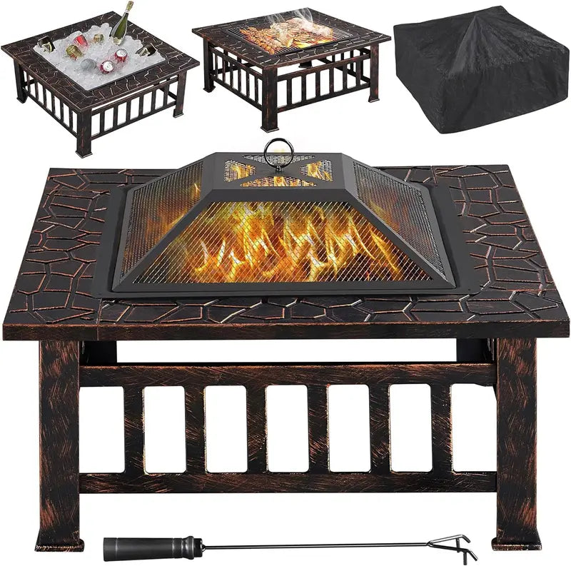Yaheetech 32-Inch Square Fire Pit Table  Multifunctional Outdoor Heating Unit for Patios, Gardens, Camping & Picnics