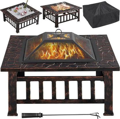 Yaheetech 32-Inch Square Fire Pit Table  Multifunctional Outdoor Heating Unit for Patios, Gardens, Camping & Picnics