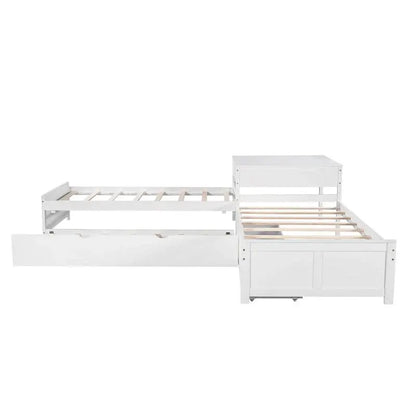 Contemporary White L-Shaped Twin Platform Bed with Built-in Trundle and Storage Drawers