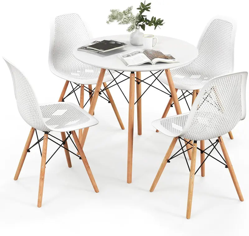 Modern 31.5-Inch Round Dining Set: White Table with Green DSW-Inspired Chairs and Solid Wood Legs—Optimized for Compact Homes and Restaurants