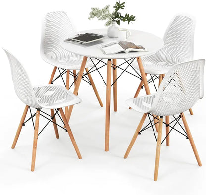 Modern 31.5-Inch Round Dining Set: White Table with Green DSW-Inspired Chairs and Solid Wood Legs—Optimized for Compact Homes and Restaurants