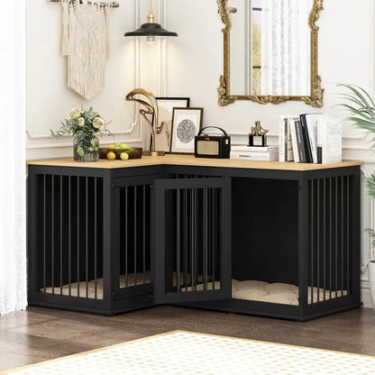 Large L-Shaped Corner Dog Crate Furniture  Dual-Dog Enclosure with Hidden Storage Design (58.7″ x 41.1″)