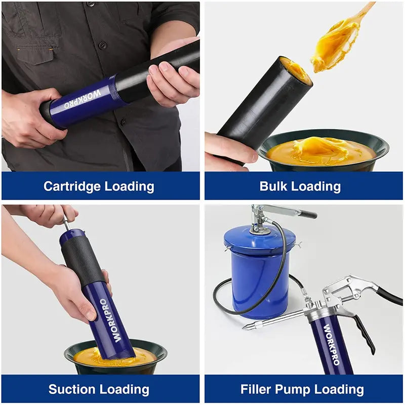WORKPRO Pistol-Grip Grease Gun Kit  18″ Flexible Hose, 2 Fixed Tubes, 3 Nozzles, 14 oz Capacity, 4000 PSI Output