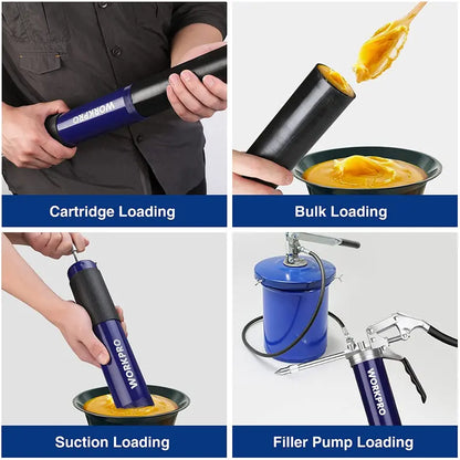 WORKPRO Pistol-Grip Grease Gun Kit  18″ Flexible Hose, 2 Fixed Tubes, 3 Nozzles, 14 oz Capacity, 4000 PSI Output