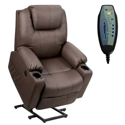 Electric Power Lift Recliner Sofa  Leather Massage Chair with Lumbar Heat, Vibrating Nodes, Cup Holder & USB Charging Port