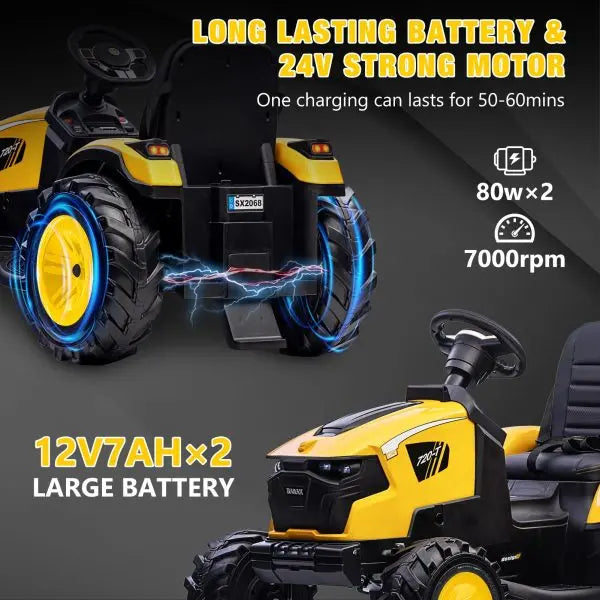 24V 3-in-1 Ride-On Tractor  Excavator & Bulldozer Modes, Remote, LED, USB/Bluetooth (Yellow)