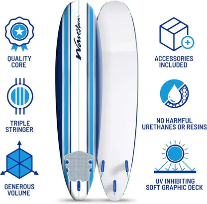 Wavestorm 8 ft Soft Top Surfboard  Foam-Free Classic Longboard, Beginner-Friendly for All Ages
