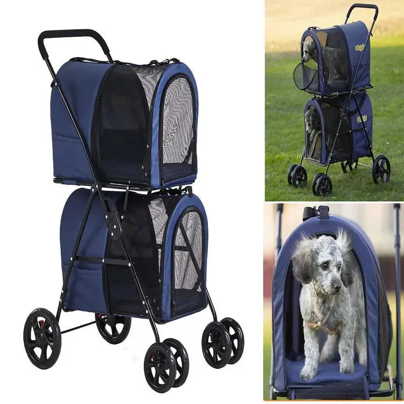 42-Inch Double Pet Stroller  Foldable, All-Terrain Dog & Cat Stroller with Suspension (Navy Blue)