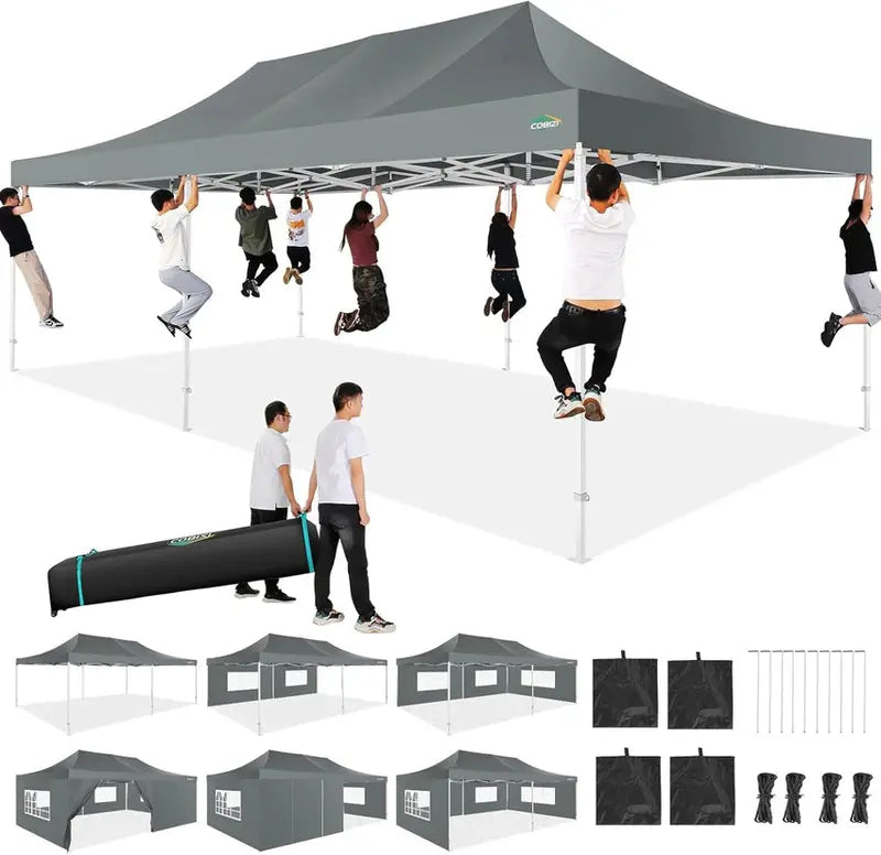 COBIZI 10×20 ft Commercial Pop-Up Canopy Tent  Heavy-Duty Frame, 6 Sidewalls, Wind/Waterproof Gazebo with Roller Bag