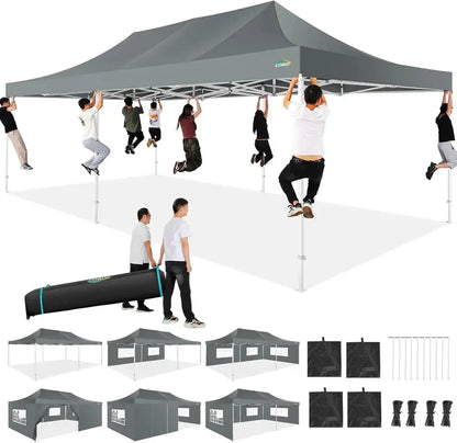 COBIZI 10×20 ft Commercial Pop-Up Canopy Tent  Heavy-Duty Frame, 6 Sidewalls, Wind/Waterproof Gazebo with Roller Bag