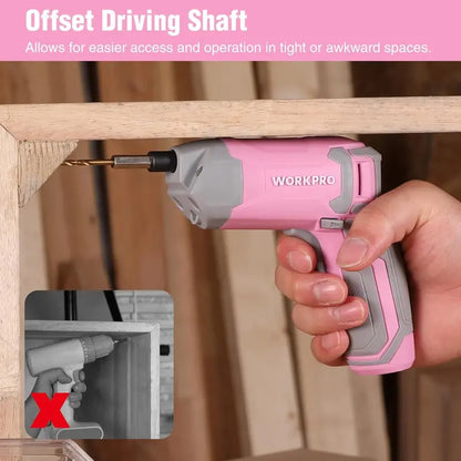 WORKPRO 3.6V Cordless Eccentric Screwdriver Kit — 24-Bit Set with Carry Case, Pink Ribbon Edition